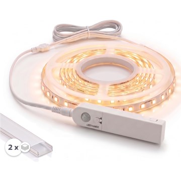 SÆT 1x LED-strimmel med bevægelsessensor FLEX LED/3,6W/4xAA 2 m + 2x indbygningsprofil 1 m sølv/hvid