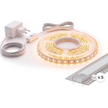 Sæt 1x LED-strimmel MYLIVING LIGHTSTRIP LED/22W/230V 5 m + 5x 1 m indbygningsprofil, sølv/hvid