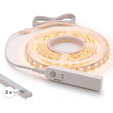 Sæt 1x LED-strip med bevægelsessensor FLEX LED/3,6W/4xAA 2 m + 2x indbygningsprofil 1 m sølv/hvid