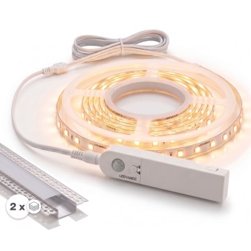 Sæt 1x LED-strip med bevægelsessensor FLEX LED/3,6W/4xAA 2 m + 2x indbygningsprofil 1 m sølv/hvid