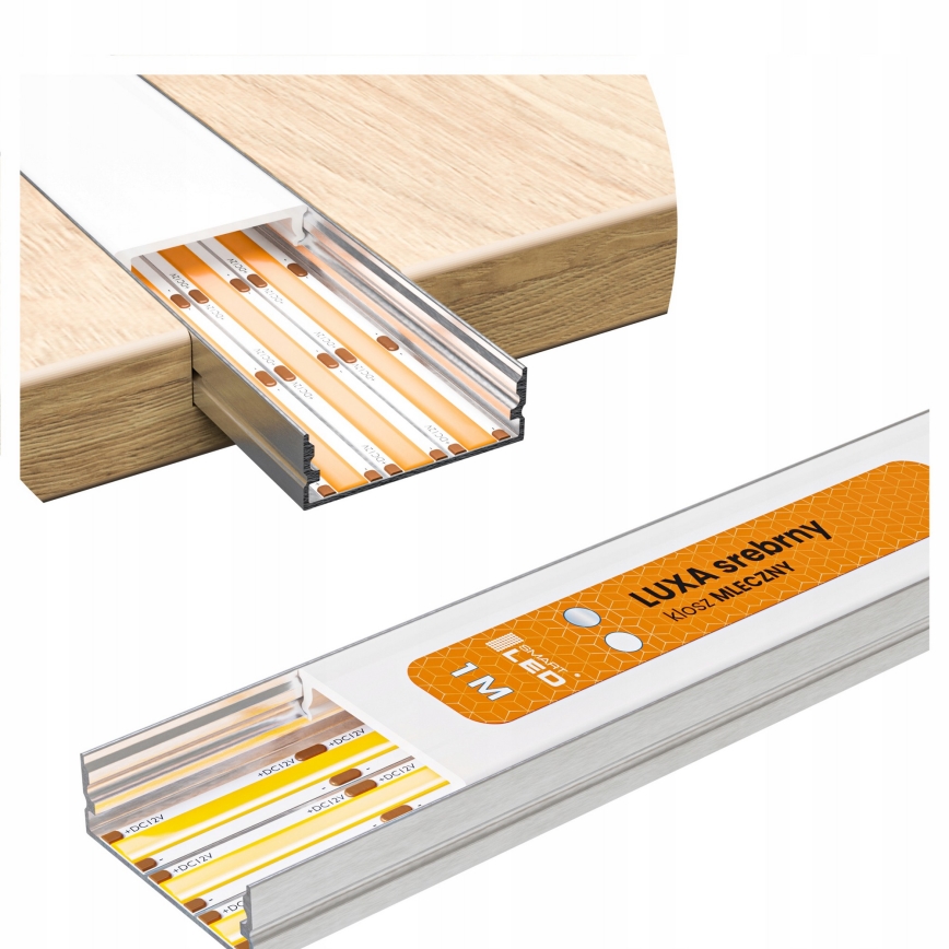 SÆT 1x LED-strimmel med bevægelsessensor FLEX LED/3,6W/4xAA 2 m + 2x indbygningsprofil 1 m sølv/hvid