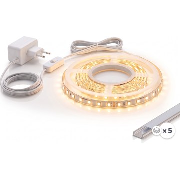 Sæt 1x LED-strip MYLIVING LIGHTSTRIP LED/22W/230V 5 m + 5x indbygningsprofil 1 m sølv/hvid