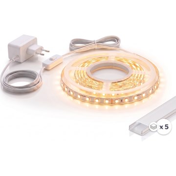 Sæt 1x LED-strip MYLIVING LIGHTSTRIP LED/22W/230V, 5 m + 5x indbygningsprofil, 1 m, sølv/hvid