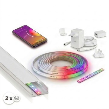Sæt 1x RGBW-dæmpbar LED-stribe Philips Hue WHITE AND COLOR AMBIANCE LED/20W/230V 2 m + 2x indbygningsprofil 1 m sølv/hvid