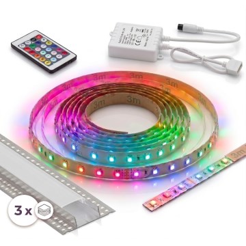Sæt 1x RGBW dæmpbar LED-strip DIGITAL LED/9,6W/230V 3 m + 3x indbygningsprofil 1 m sølv/hvid + fjernbetjening