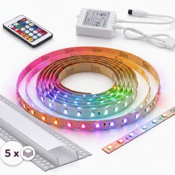 SÆT 1x RGBW dæmpbart LED-bånd DIGITAL LED/16,5W/230V 5 m + 5x indbygningsprofil 1 m sølv/hvid + fjernbetjening