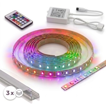Sæt 1x RGBW LED-bånd, dæmpbart DIGITAL LED/9,6W/230V 3 m + 3x indbygningsprofil 1 m sølv/hvid + fjernbetjening