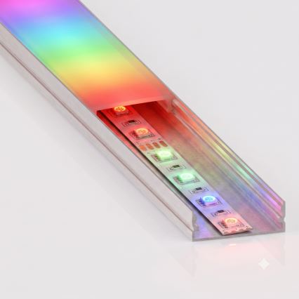 Sæt 1x dæmpbar RGBW LED-strip NEO LITE MUSIC LED/24W/230V 5 m IP65 Wi-Fi Tuya + 5x indbygningsprofil 1 m sølv/hvid + fjernbetjening