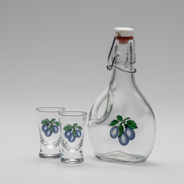 Sæt 1x stor flaske + 2x shotglas transparent med blommemotiv