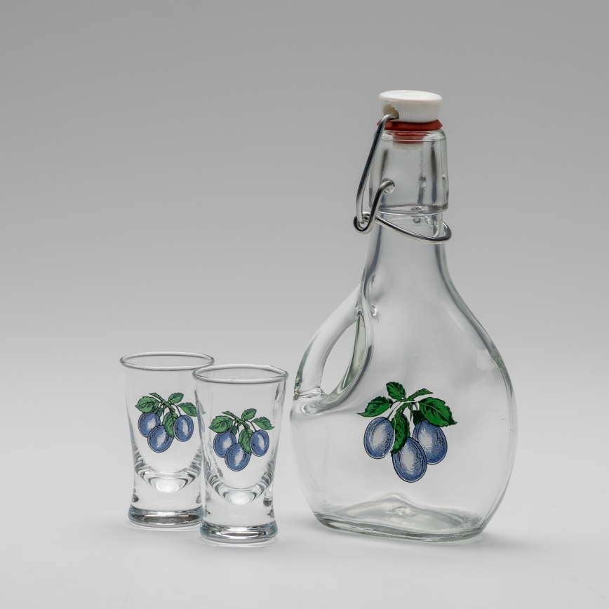 Sæt 1x stor flaske + 2x shotglas transparent med blommemotiv