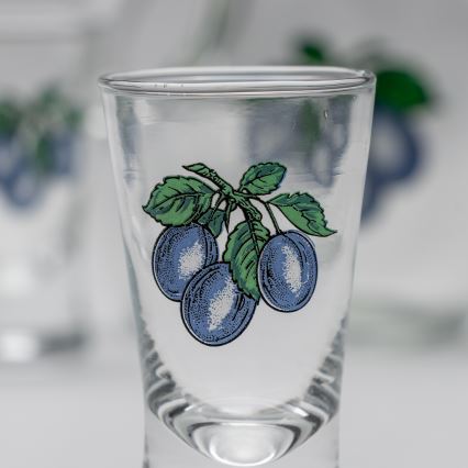 Sæt 1x stor flaske + 2x shotglas transparent med blommemotiv