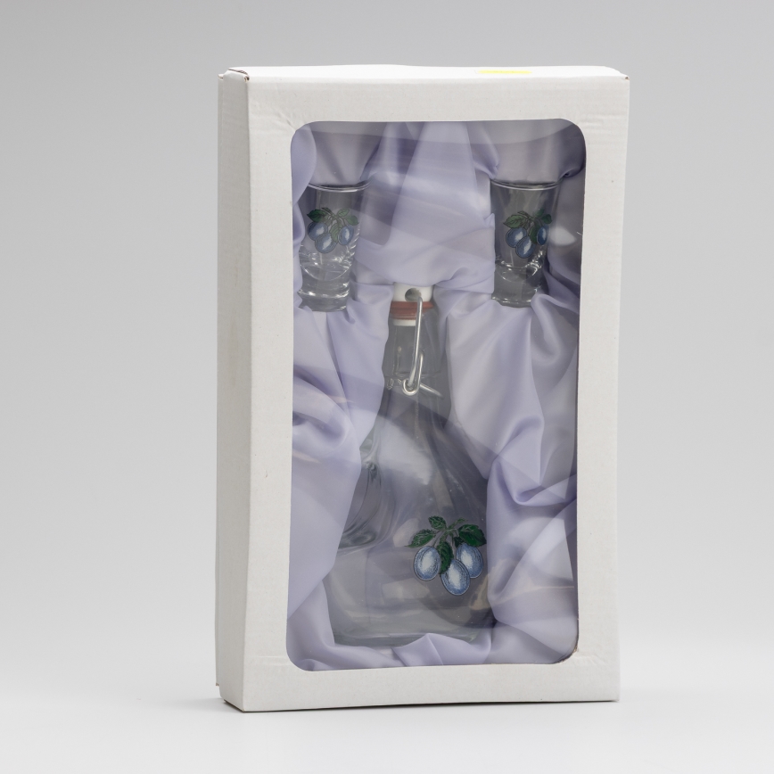 Sæt 1x stor flaske + 2x shotglas transparent med blommemotiv