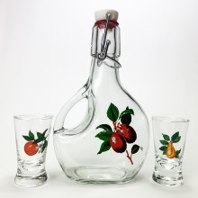 Sæt  1x Stor flaske + 2x shotglas transparent med frugtmotiv
