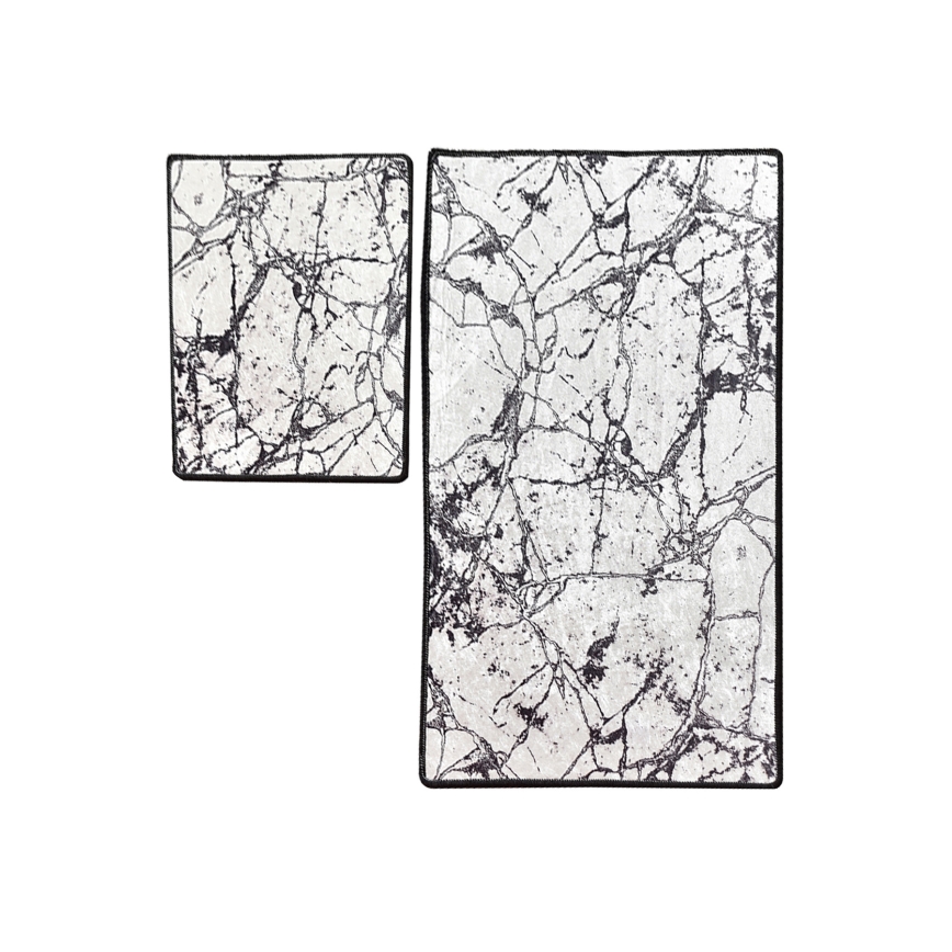 SÆT 2x Badeværelsesmåtte MARBLE 60/100 cm hvid/sort