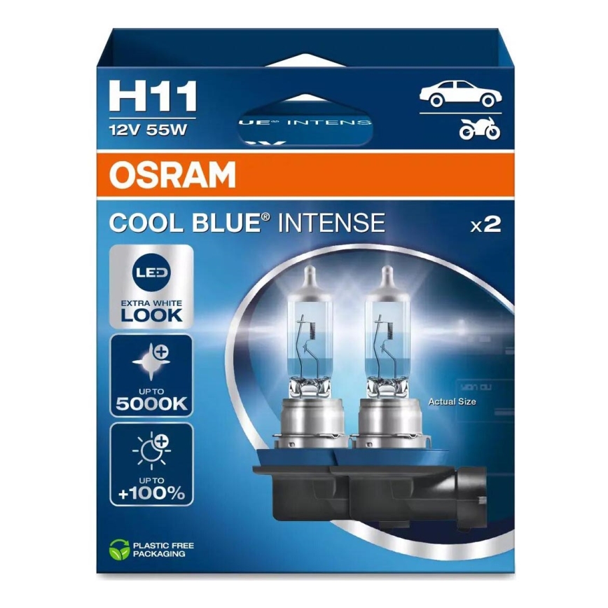 SÆT 2x Bilpære COOL BLÅ H11 PGJ19-2/55W/12V 5000K - Osram