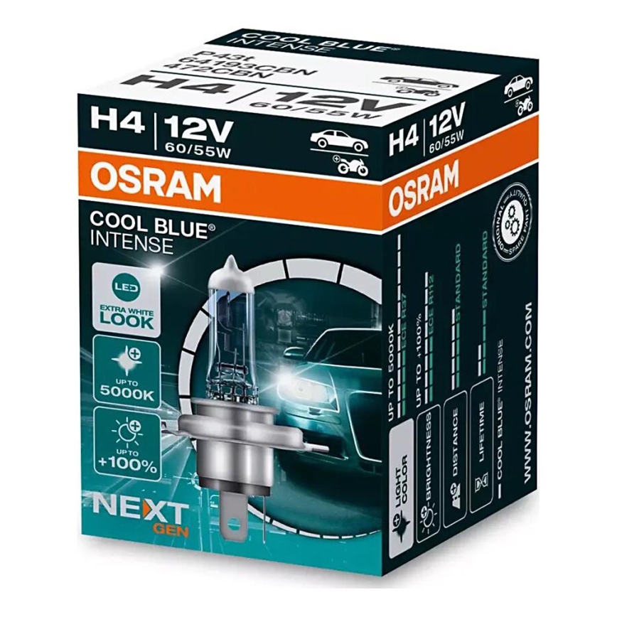 SÆT 2x Bilpære COOL BLÅ H4 P43t/60/55W/12V 5000K - Osram