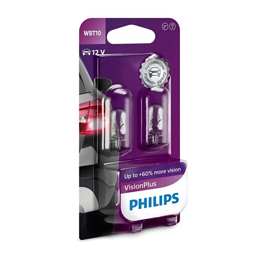 SÆT 2x Bilpære Philips VISION PLUS WB T10 W2,1x9,5D/6W/12V