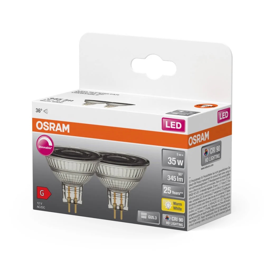 Sæt med 2 dæmpbare LED-reflektorpærer MR16 GU5,3/5W/12V 2700K 36° CRI 90 - Osram
