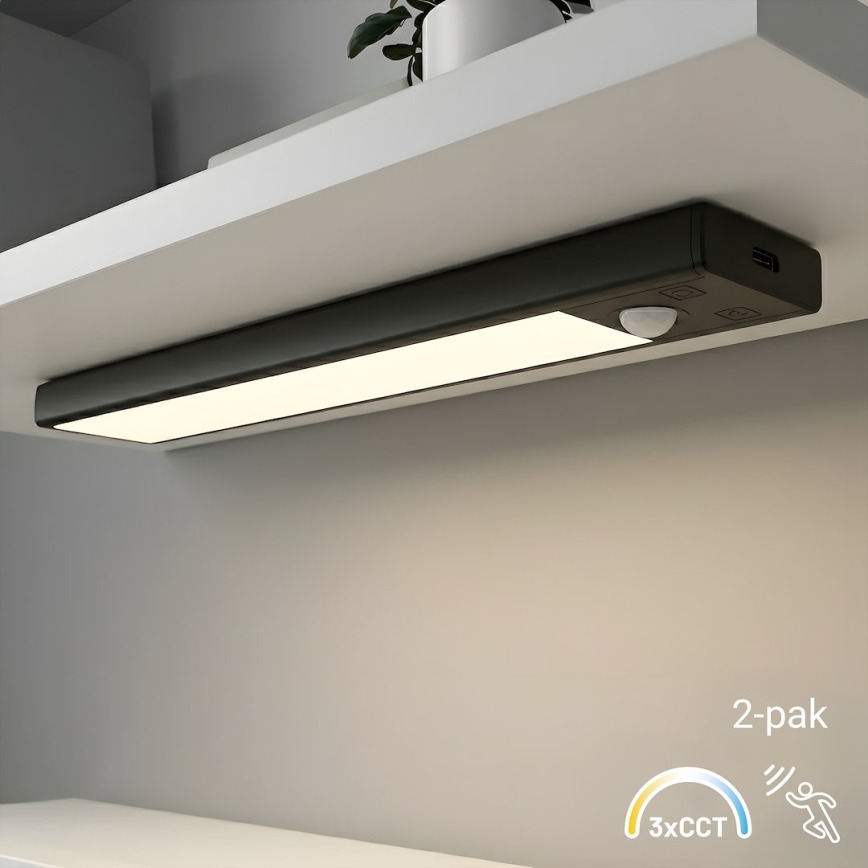 Sæt med 2 genopladelige LED-møbellygter med bevægelses- og skumringssensor VIRO LED/1W/3,7V 800 mAh 3000/4000/6500K 20 cm sort