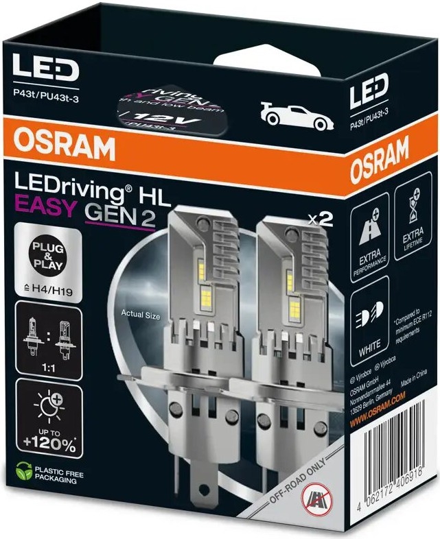 SÆT 2x LED Bilpære LEDriving H4/H19 P43t/PU43T-3/25W/12V 6500K - Osram