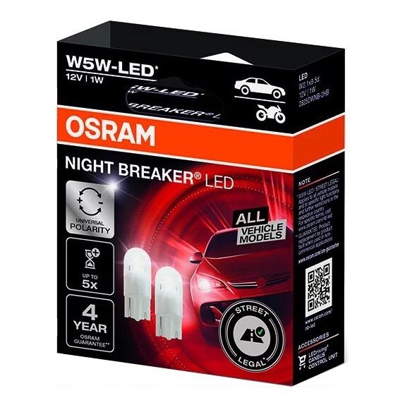 SÆT 2x LED Bilpære NIGHT BREAKER W2.1x9.5d/1W/12V 5700K - Osram