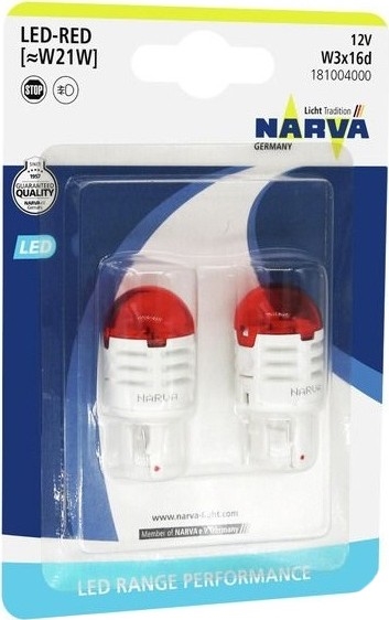 SÆT 2x LED Bilpære W21W W3x16d/1,75W/12V rød - Narva 18100RPNVAB2