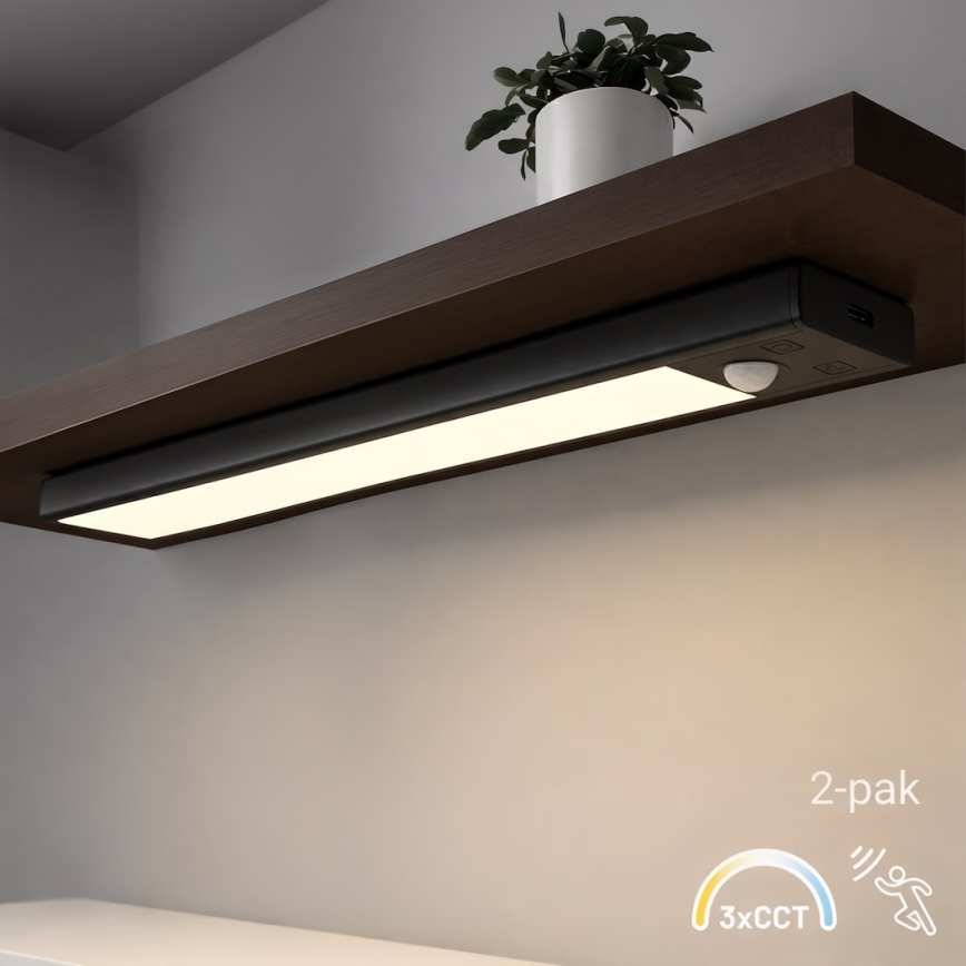 Sæt med 2 genopladelige LED-møbellygter med bevægelses- og skumringssensor VIRO LED/1,2W/3,7V 800 mAh 3000/4000/6500K 30 cm sort