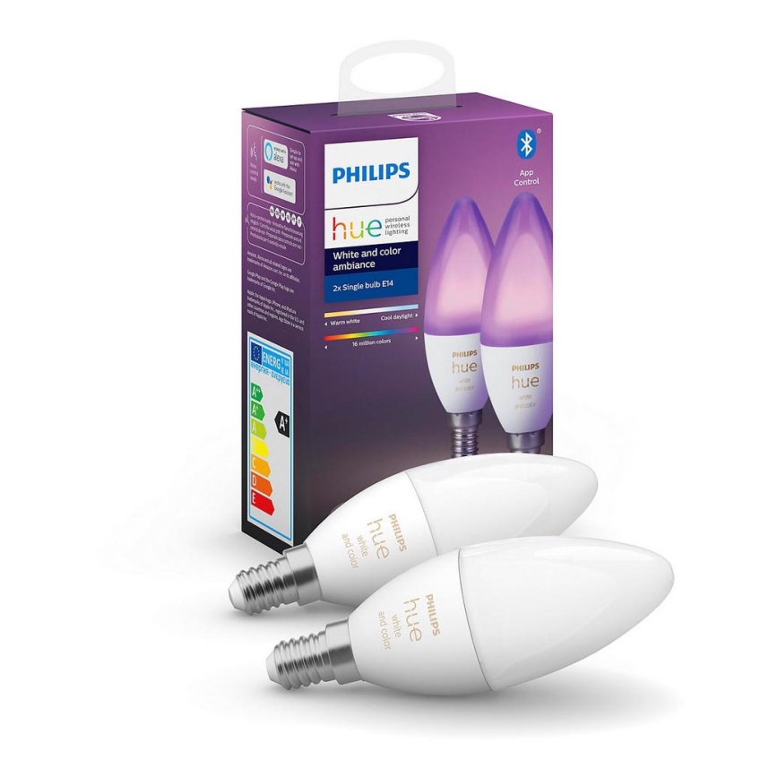 SÆT 2x LED lysdæmper pære Philips Hue WHITE AND COLOR AMBIANCE B39 E14/5,3W/230V 2200K - 6500K