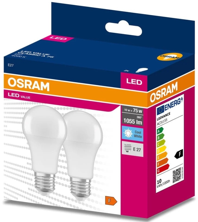 SÆT 2x LED-pære A60 E27/10W/230V 4000K - Osram