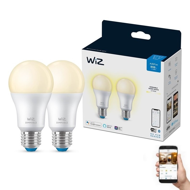 SÆT 2x LED-pære dæmpbar A60 E27/8W/230V 2700K CRI 90 Wi-Fi - WiZ