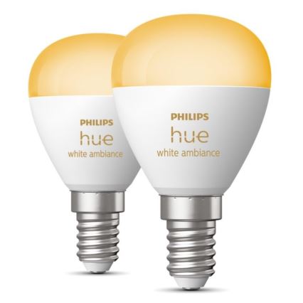 SÆT 2x LED-pære dæmpbar Philips Hue WHITE AMBIANCE P45 E14/5,1W/230V 2200-6500K