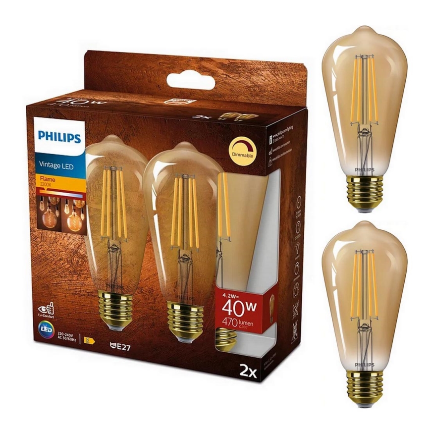 SÆT 2x LED-pære dæmpbar VINTAGE Philips ST64 E27/4,2W/230V 2200K