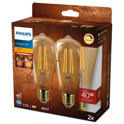 SÆT 2x LED-pære dæmpbar VINTAGE Philips ST64 E27/4,2W/230V 2200K