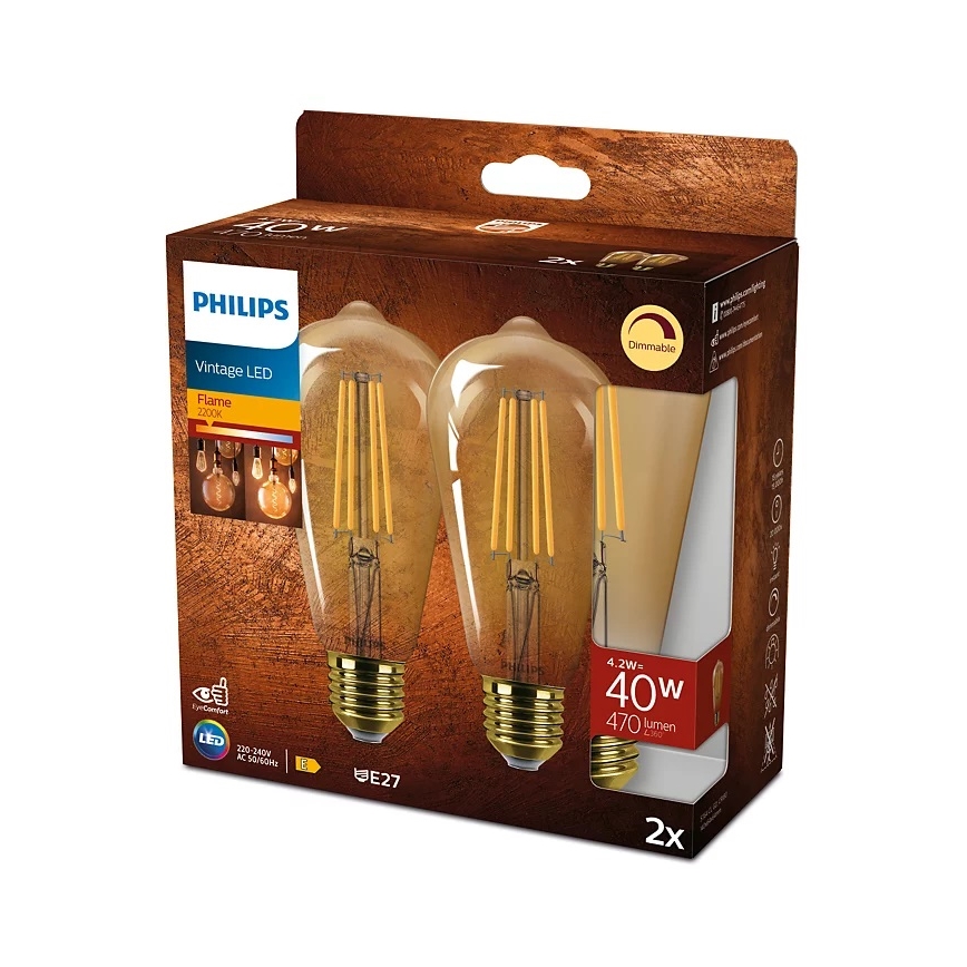 SÆT 2x LED-pære dæmpbar VINTAGE Philips ST64 E27/4,2W/230V 2200K