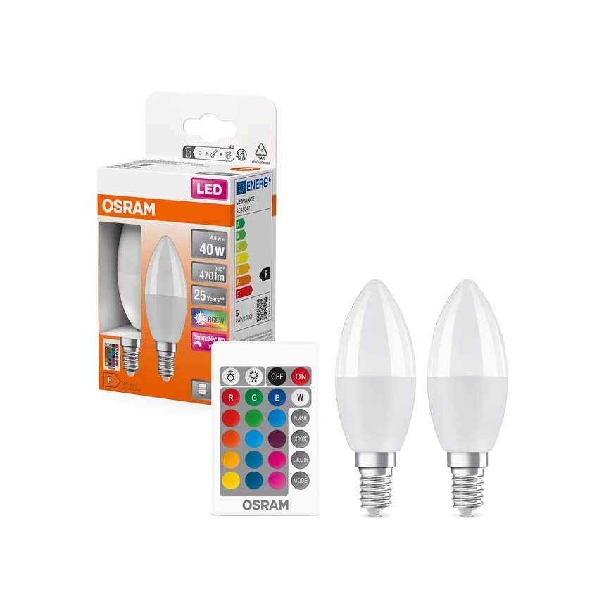 SÆT 2x LED-pære med RGBW-farver dæmpbar B38 E14/4,9W/230V 2700K + fjernbetjening - Osram