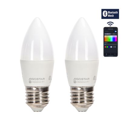 SÆT 2x LED-pære med RGBW-farver dæmpbar MESH Smart C37 E27/6,5W/230V 2700-6500K + fjernbetjening - Aigostar