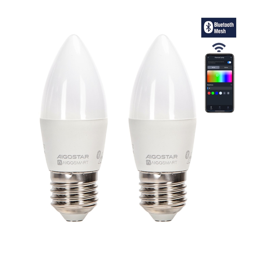 SÆT 2x LED-pære med RGBW-farver dæmpbar MESH Smart C37 E27/6,5W/230V 2700-6500K + fjernbetjening - Aigostar