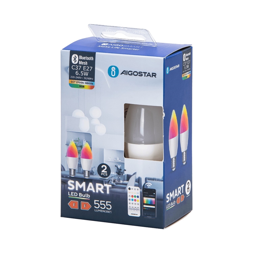 SÆT 2x LED-pære med RGBW-farver dæmpbar MESH Smart C37 E27/6,5W/230V 2700-6500K + fjernbetjening - Aigostar