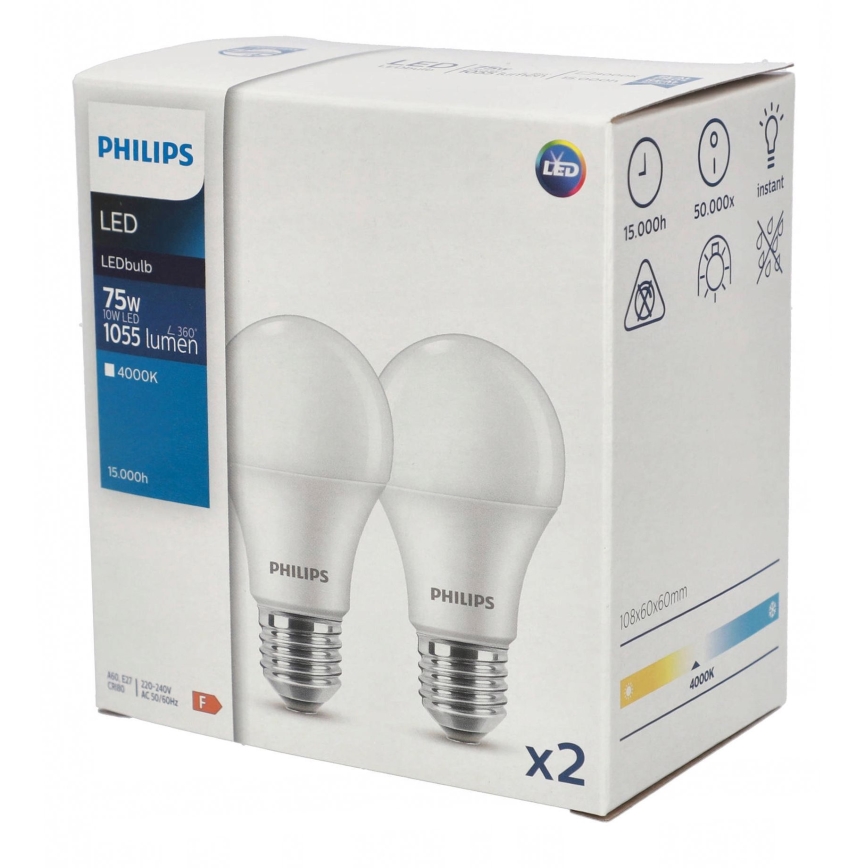 SÆT 2x LED-pære Philips A60 E27/10W/230V 4000K