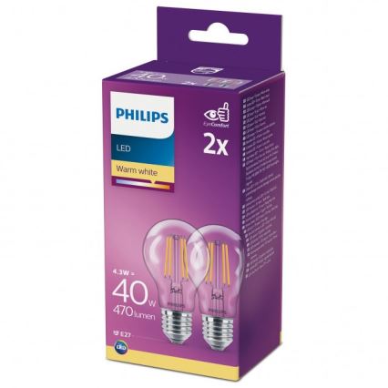 SÆT 2x LED-pære VINTAGE Philips A60 E27/4,3W/230V 2700K