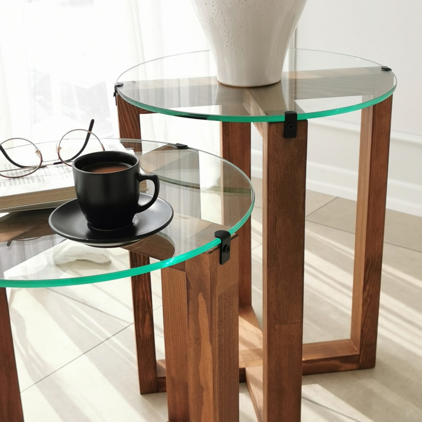SÆT 2x Sidebord AMALFI diameter 40 cm brun/transparent