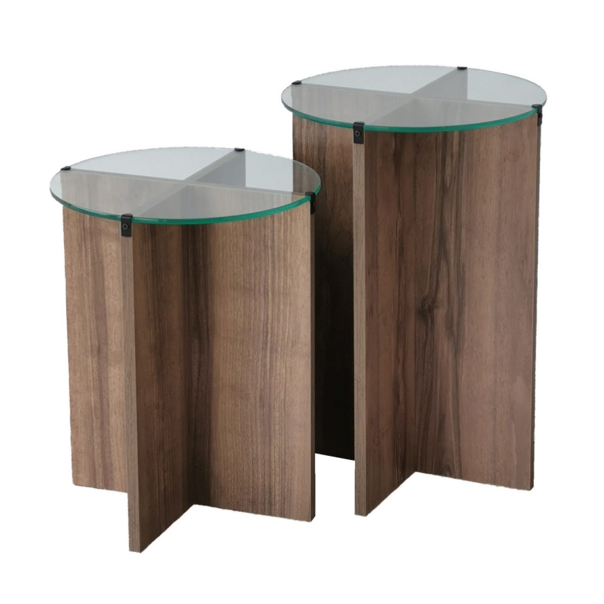 SÆT 2x Sidebord LILY diameter 40 cm brun/transparent