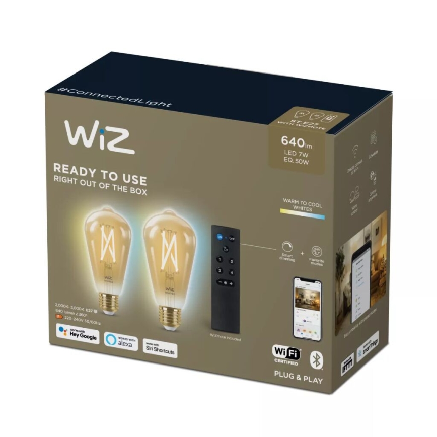 SÆT 2x LED-pære dæmpbar ST64 E27/7W/230V 2000-5000K CRI 90 Wi-Fi + fjernbetjening - WiZ