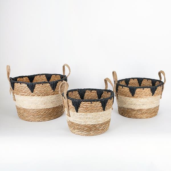 SÆT 3x Fletkurv beige/sort 27x20/30x22/36x28 cm
