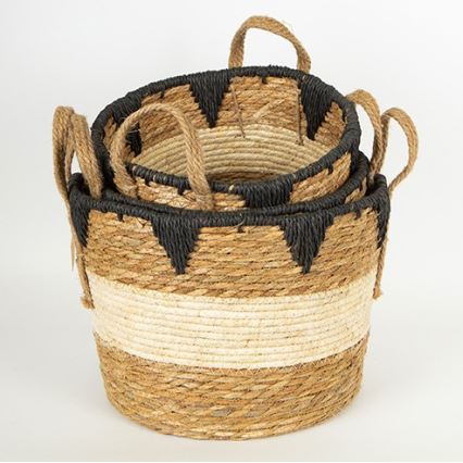 SÆT 3x Fletkurv beige/sort 27x20/30x22/36x28 cm