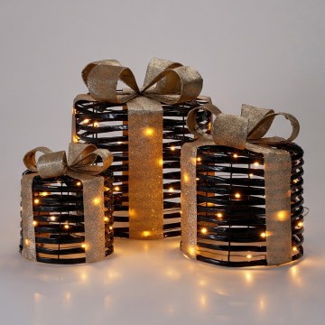 Sæt 3x LED-juledekorationer 20xLED/2xAA + 30xLED/3xAA + 40xLED/3xAA varm hvid gaver/sort