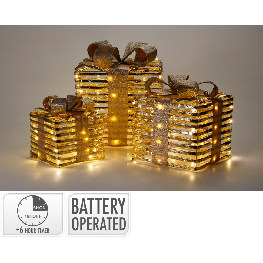 SÆT 3x LED juledekorationer 20xLED/2xAA + 30xLED/3xAA + 40xLED/3xAA varm hvid gaver/guld