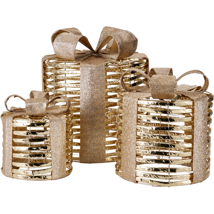 Sæt med 3 LED-juledekorationer 20xLED/2xAA + 30xLED/3xAA + 40xLED/3xAA varmhvid gaver/guld