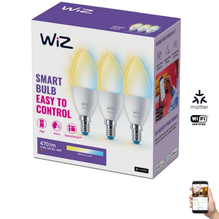 SÆT 3x LED-pære dæmpbar C37 E14/4,9W/230V 2700-6500K CRI 90 Wi-Fi - WiZ