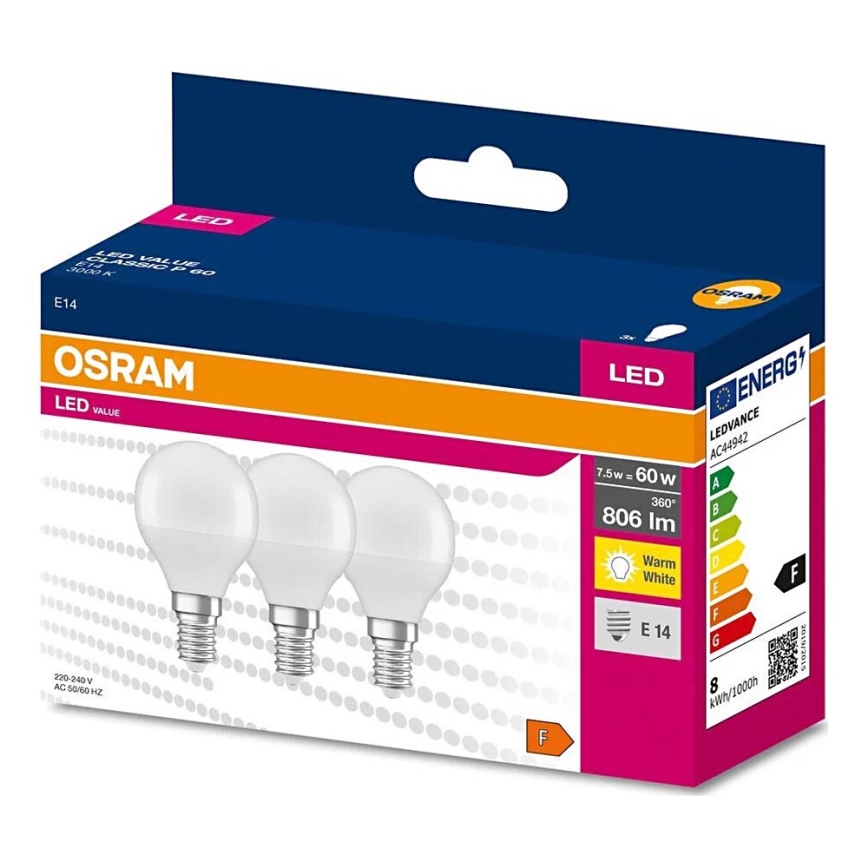 SÆT 3x LED-pære P45 E14/7,5W/230V 3000K - Osram